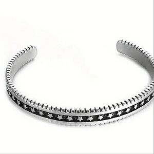 NEW Unisex Engraved Black & Silver Star Cuff‎ Bracelet, Adjustable